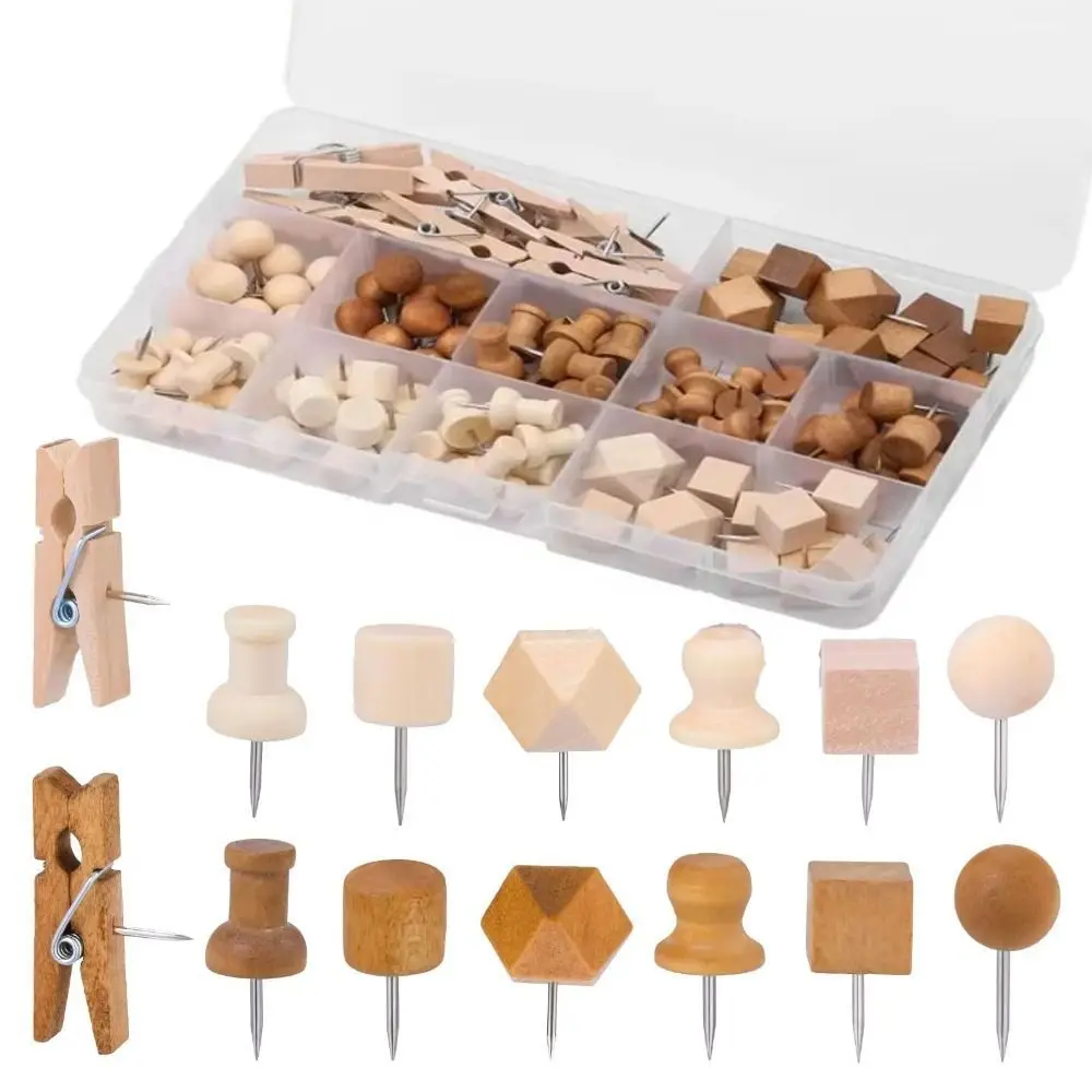 114Pcs Decorative Wood Push Pins Various Style with Storage Box Drawing Thumb Tacks Fixing Photos Wooden Cork Board Thumbtack