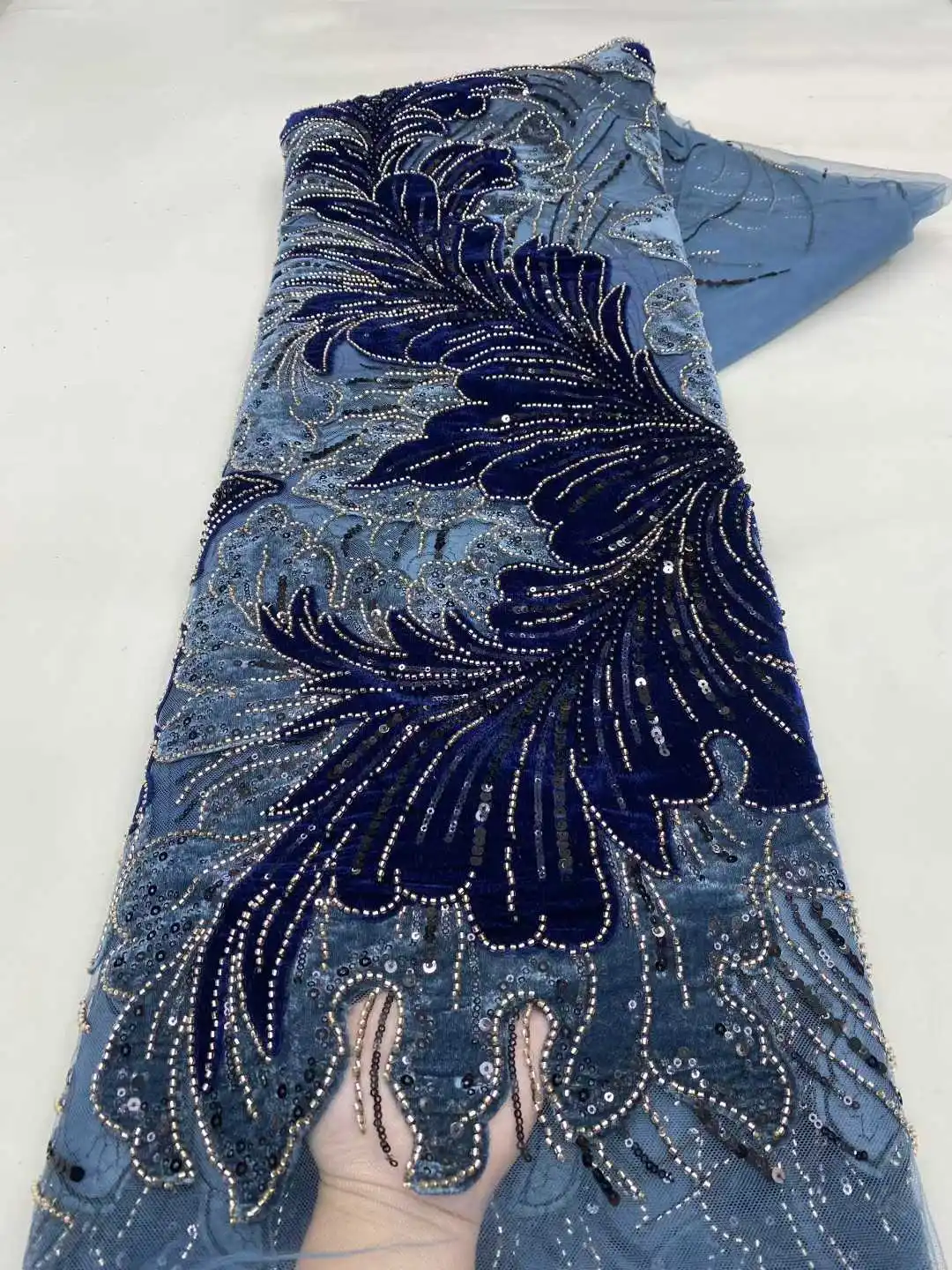 

Navy Blue Nigerian Groom Velvet Lace Fabric 2025 High Quality African French Sequins Tulle Lace Fabrics 5 Yards For Dresses Sew