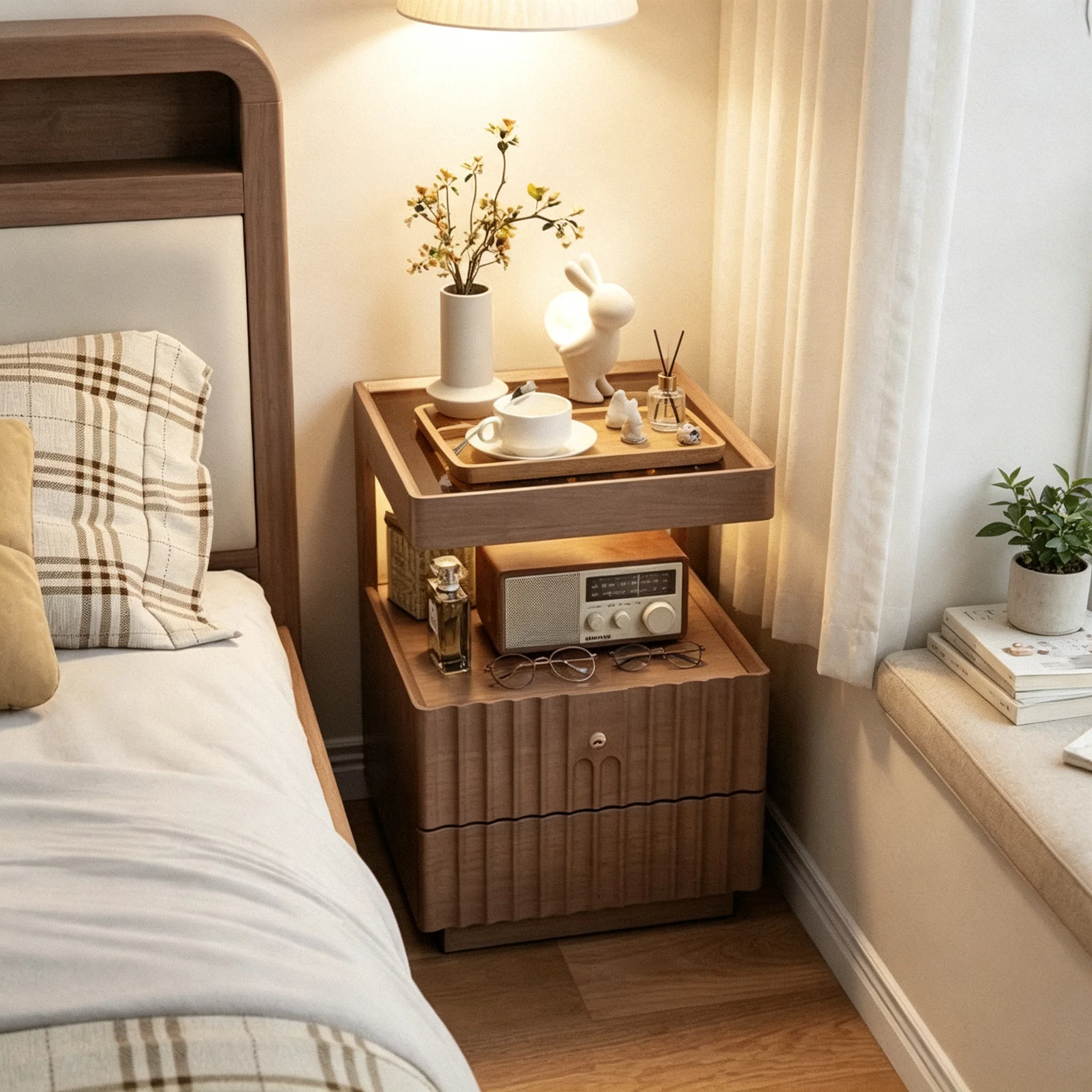 AOLIVIYA Smart Multi Functional Solid Wood Nightstand Bedside Storage Cabinet Unit Table