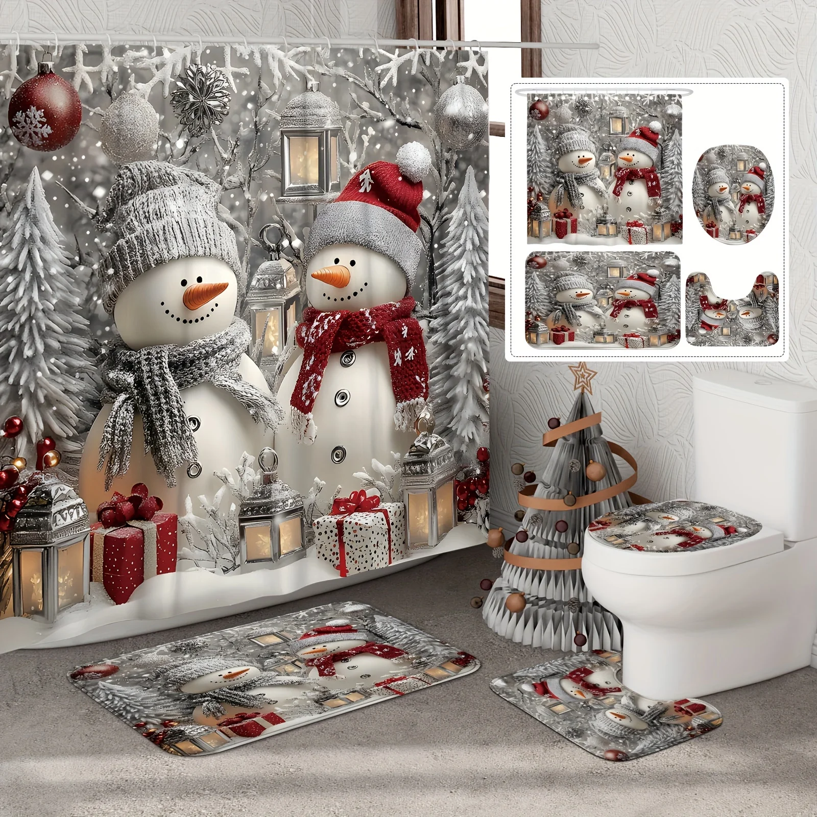 

Christmas Snowman Shower Curtain Set with Bath Mat, Red White Polyester Machine Washable for Xmas Bathroom Decor