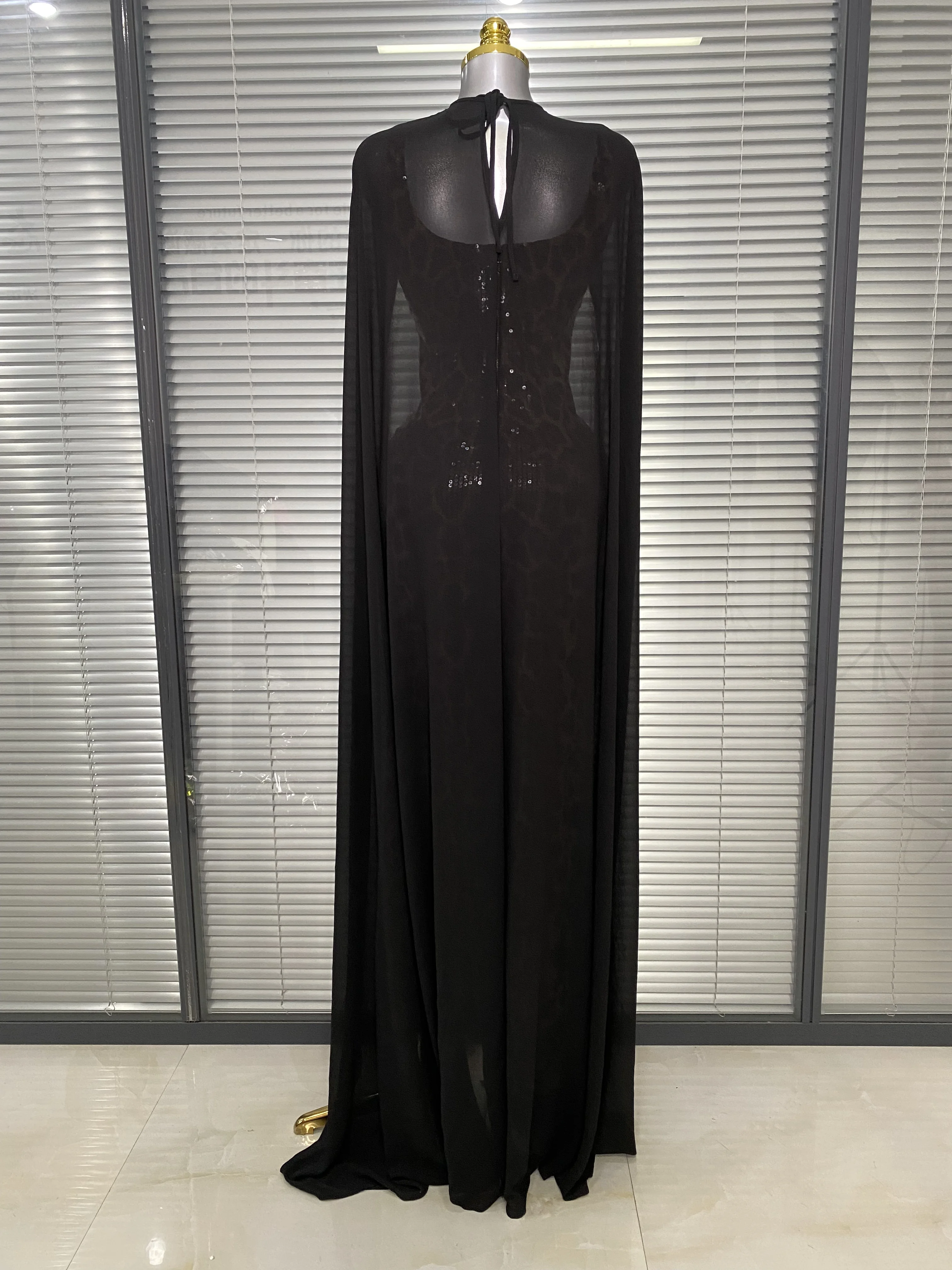 Luxury Sequined Women Sexy Leopard Bodycon with Cape Maxi Long Birthday Dress Evening Party Celebrity Prom Gowns