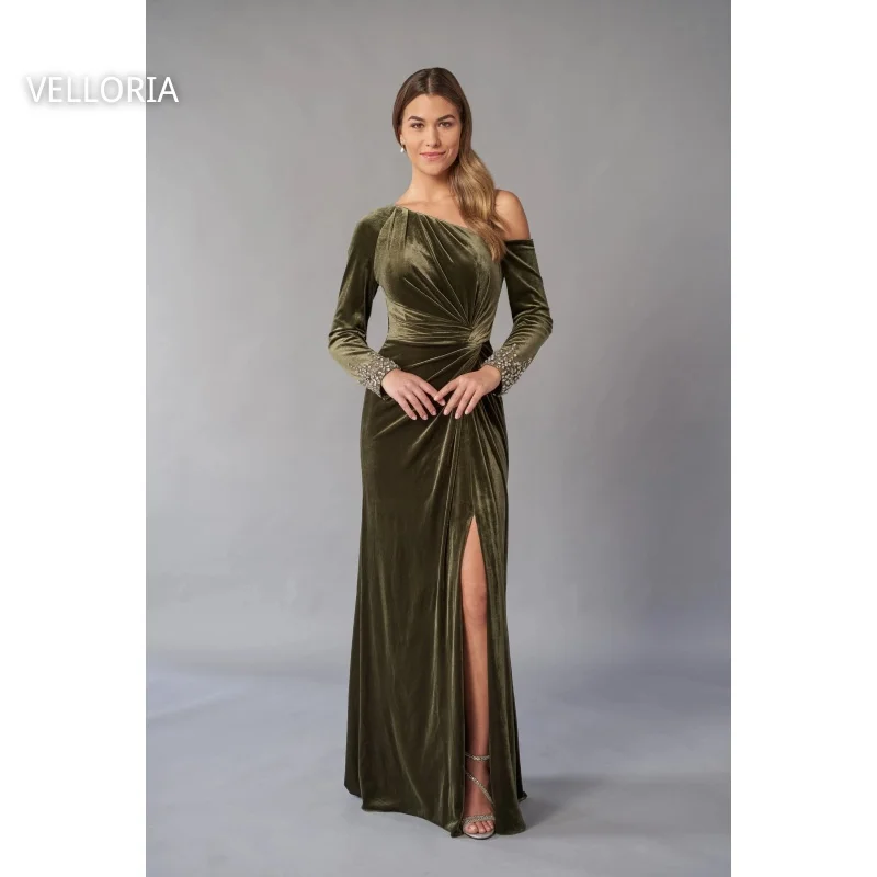 

Оливково-зеленое бархатное женское вечернее платье, элегантное платье с длинными рукавами для торжественных случаев, роскошное плиссированное вечернее платье со стразами по индивидуальному заказу