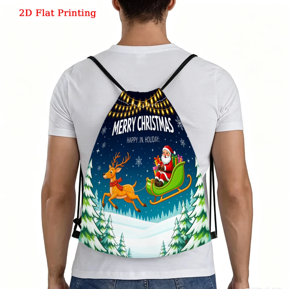 Christmas Theme, Drawstring Backpack, 2D Flat Printing Santa Claus Pattern, Fitness Sports Bag, Outdoor Travel Drawstring Pack