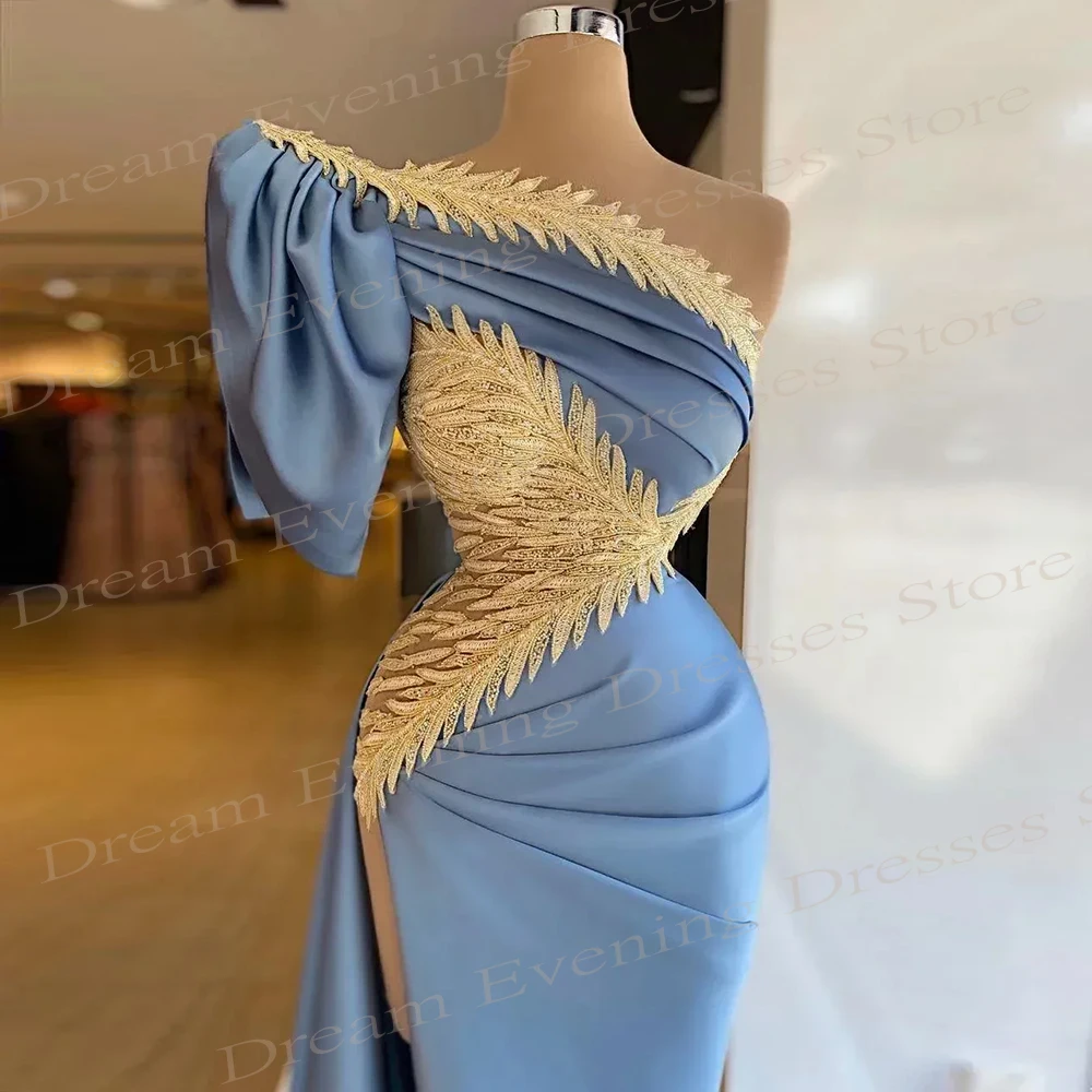 Graceful Mermaid Customized Evening Dresses One-Shoulder Short Puff Sleeve Prom Gowns With Charming Side Split Robes De Soirée