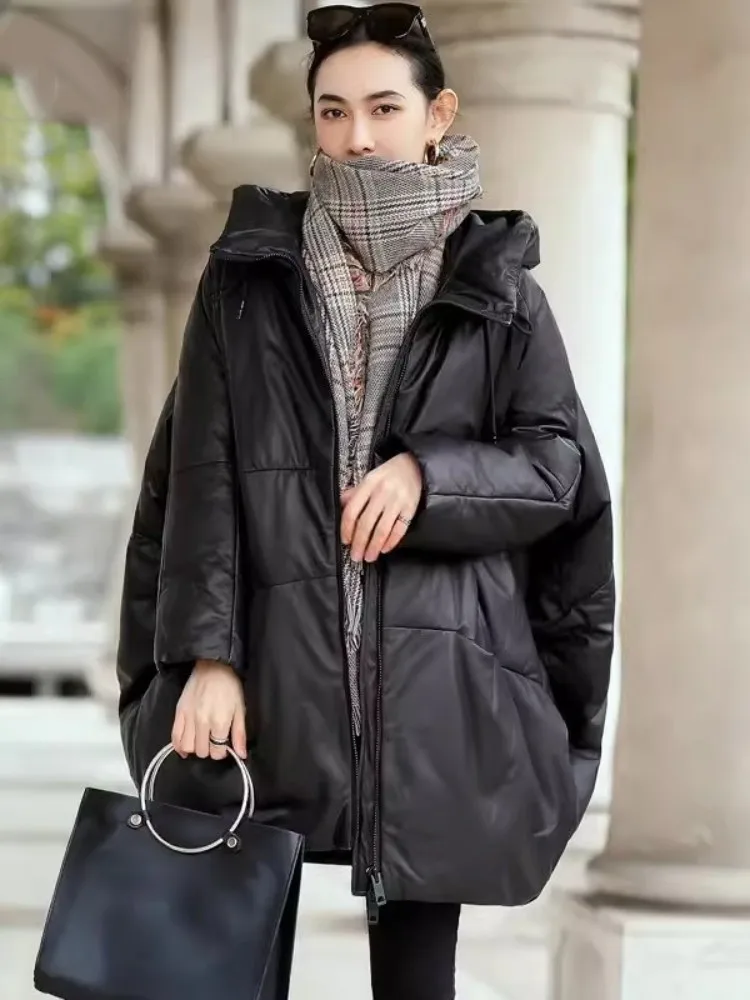 High Quality Winter Women Sheepskin Real Leather Down Coat Middle Long Loose Fit Casual Overcoat Warm Stand Collar Hooded Coat