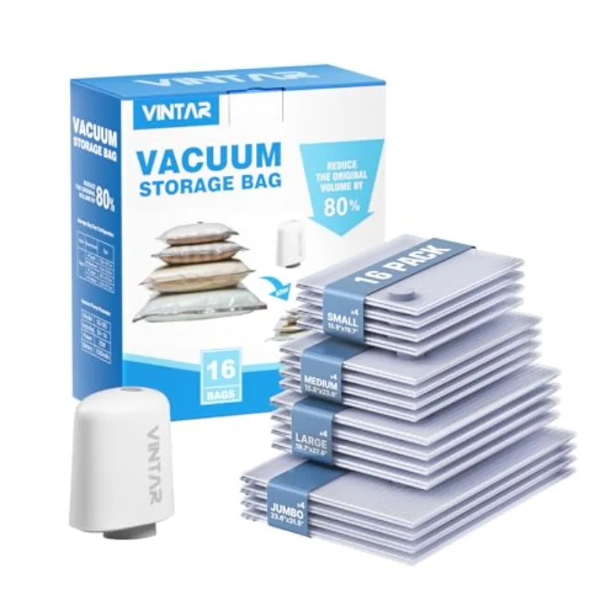 

Travel Vacuum Seal Bags for Clothing with Rechargeable Cordless Pump, 16 Pack 4J+4L+4M+4S Carry-on Size Space Saver Vacuum Stor
