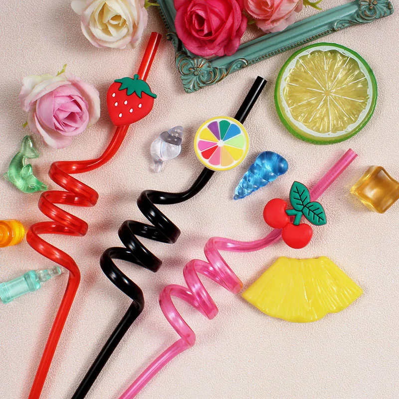 6-pack of fruit-shaped spiral straws, reusable, perfect for party favors, birthday parties, and wedding decorations,