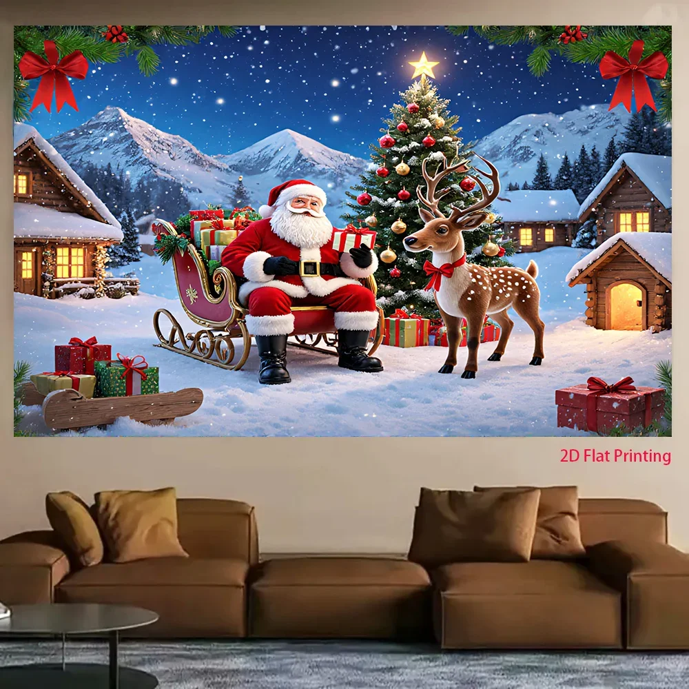 Santa Claus Sleigh Tapestry, Christmas Deer Tree Wall Hanging, Snowy Village Decor, Festive Holiday Blanket, Xmas Room Gift