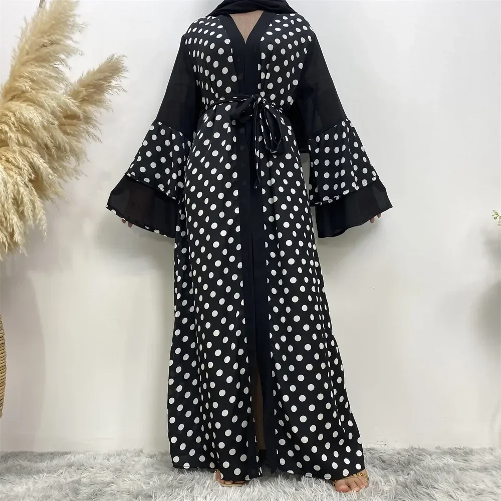 

Arabian Saudi Dubai Abayas Casual Party Dress Robe Muslim Dress Fashion Polka Dot Cardigan Abayas for Women Long Lace-up Dress