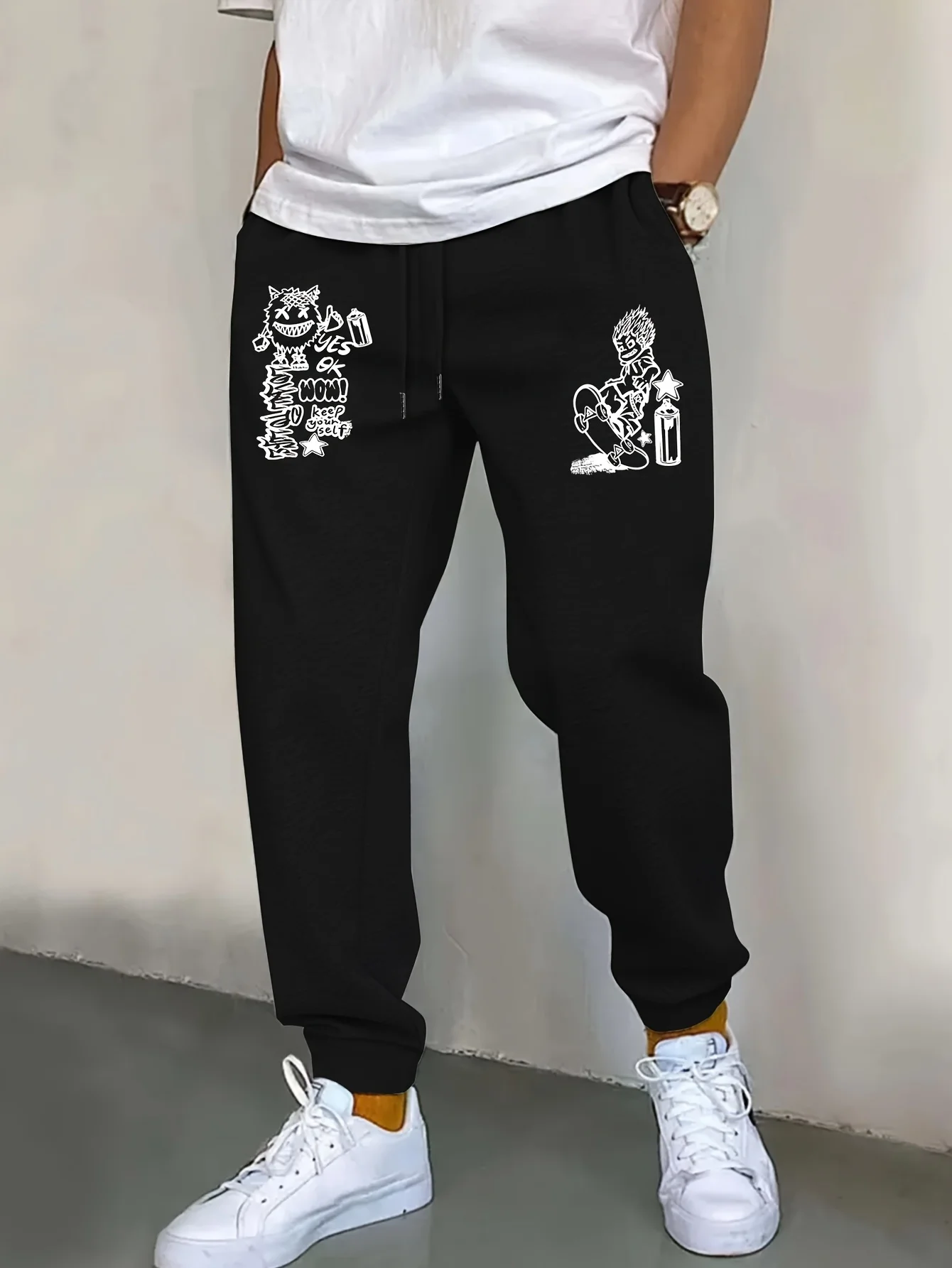 Counter‑culture hand‑drawn skate cartoon graphic art print street‑style dual‑side sweatpants men hip hop sports jogger trousers