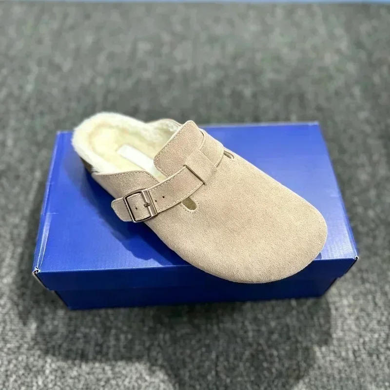 2026 Winter Men Women Clogs Mules Retro Leather Fashion Furry Lined Thick Soled Cork Closed Toe Slip On Outdoor Women's Shoes