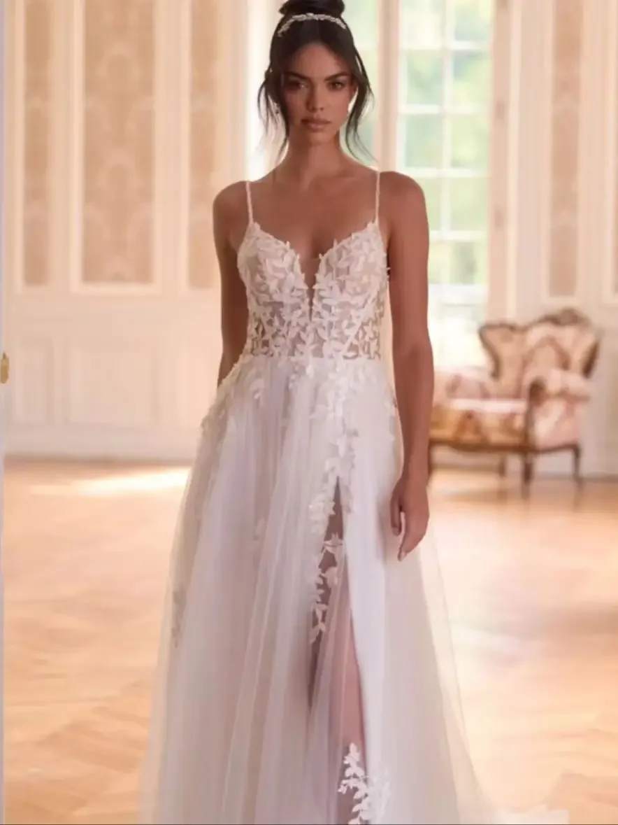 Customized Elegant Prom Dresses Sweep Train Evening Dress For Woman Spaghetti Straps Lace Applique Wedding Dresses Personalized