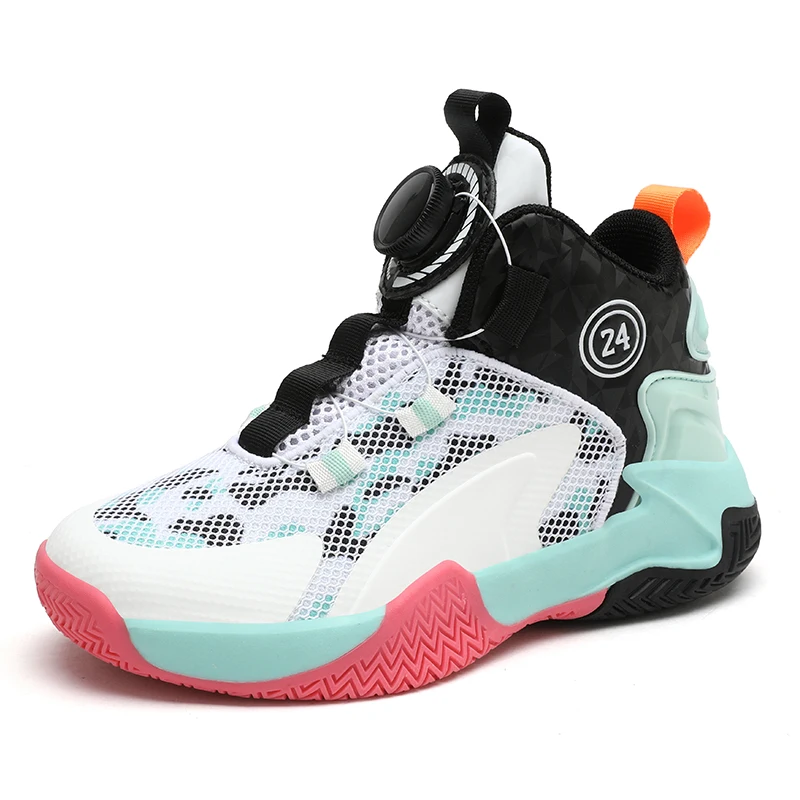 Brand Kids Basketball Shoes Autumn High Top Children's Sneakers Design Rotary Button Sports Shoes Boys Non Slip Basket Trainers