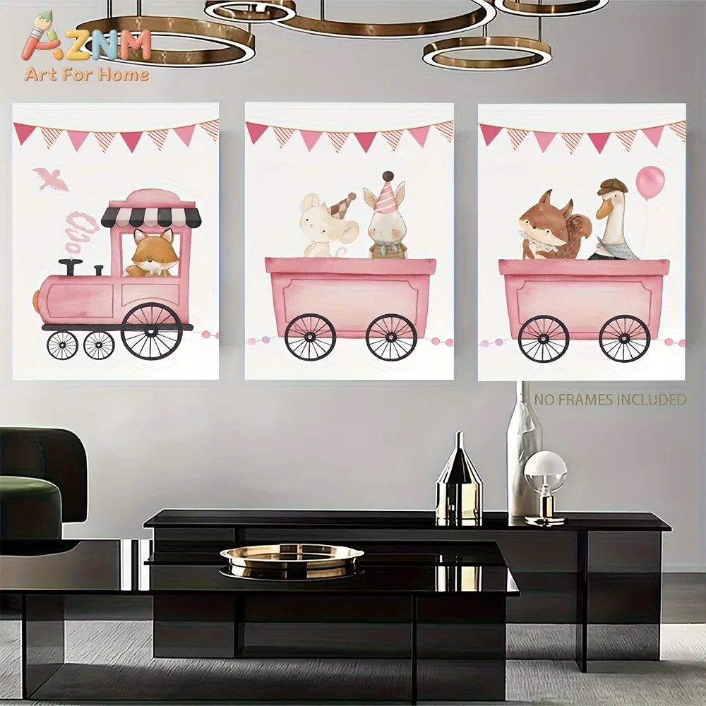 AZNM Tableau mural sur toile, motif train de cirque rose aquarelle et animaux, impression de dessins animés mignons (renard, écureuil, souris, oie), sans cadre, impression unique
