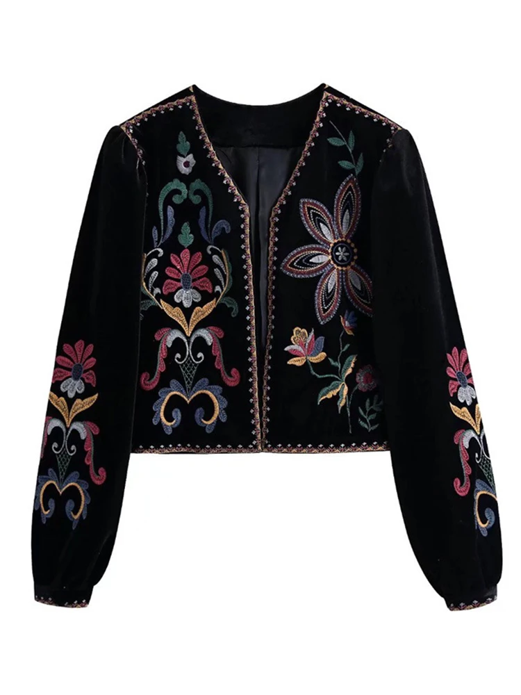 Embroidery Jacket Women Velvet Cropped Coat Female Vintage Boho Floral Jackets Ladies Autumn Casual Long Sleeve Black Outerwear