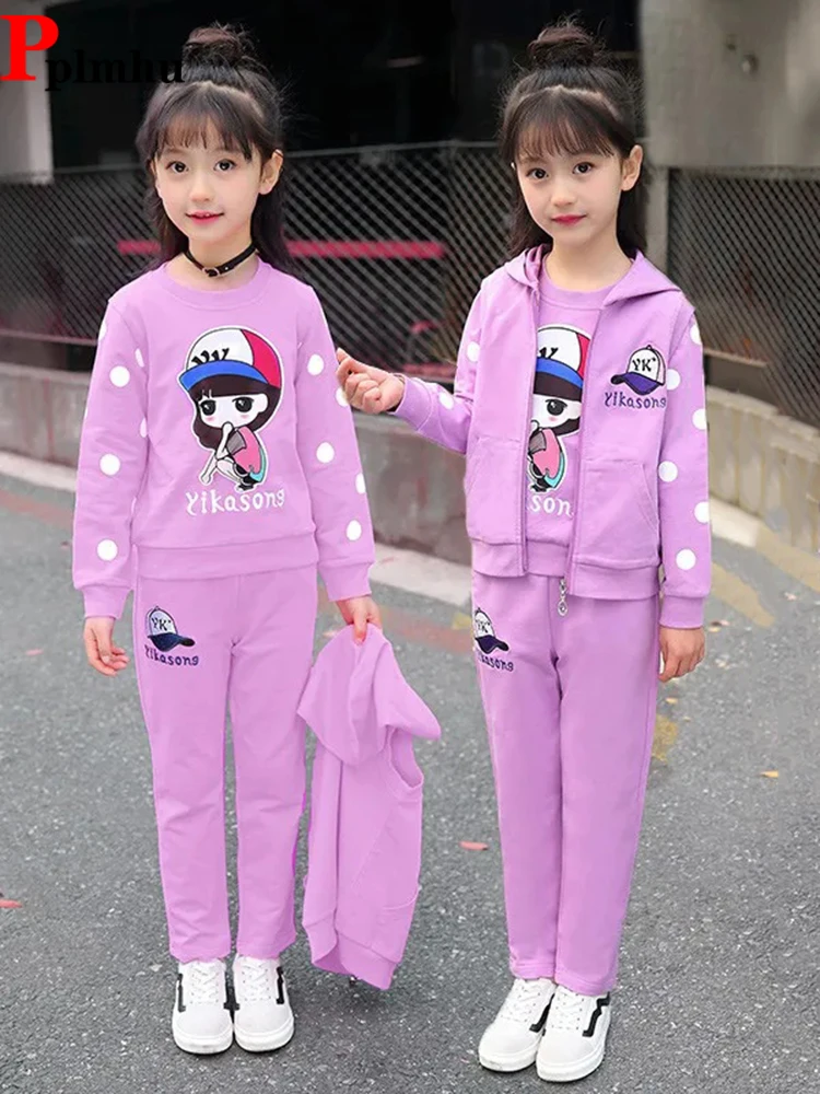 Spring Fall Girls 3 Piece Set Kids Hooded Vests Outfit + Dot Cartoon Print Sweatshirts Tops + Casual Pants Children Conjuntos