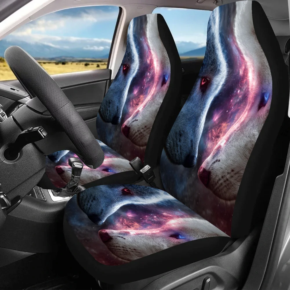 2pcs Cosmic Wolf Duel Car Seat Covers - Vibrant Space-Themed Design, Fit For Cars, SUVs & Sedans, Durable Canvas Material, Spong