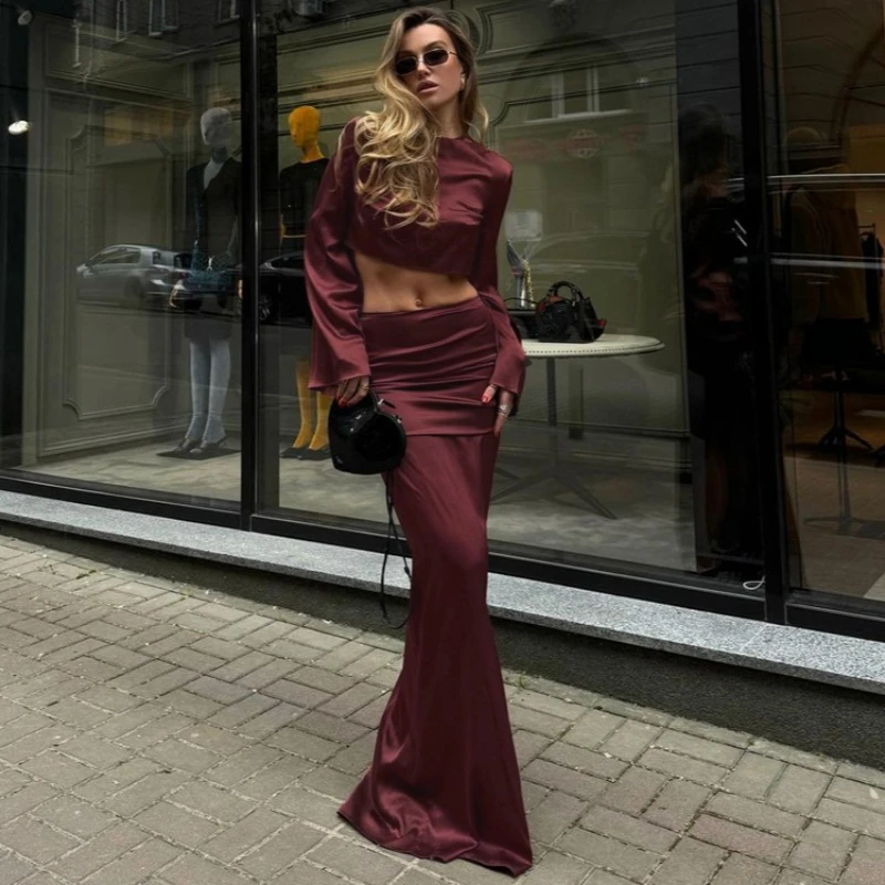

Sexy Neckless Top Two Piece Elegant Long Sleeve Slim Top Set Office Ladies Casual Female Long Halter Skirt Set