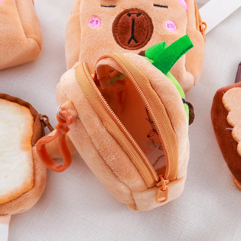 Creativo cartone animato Toast pane Hamburger portamonete Kawaii cerniera portafoglio peluche frutta capibara Hamburger portamonete per bambini