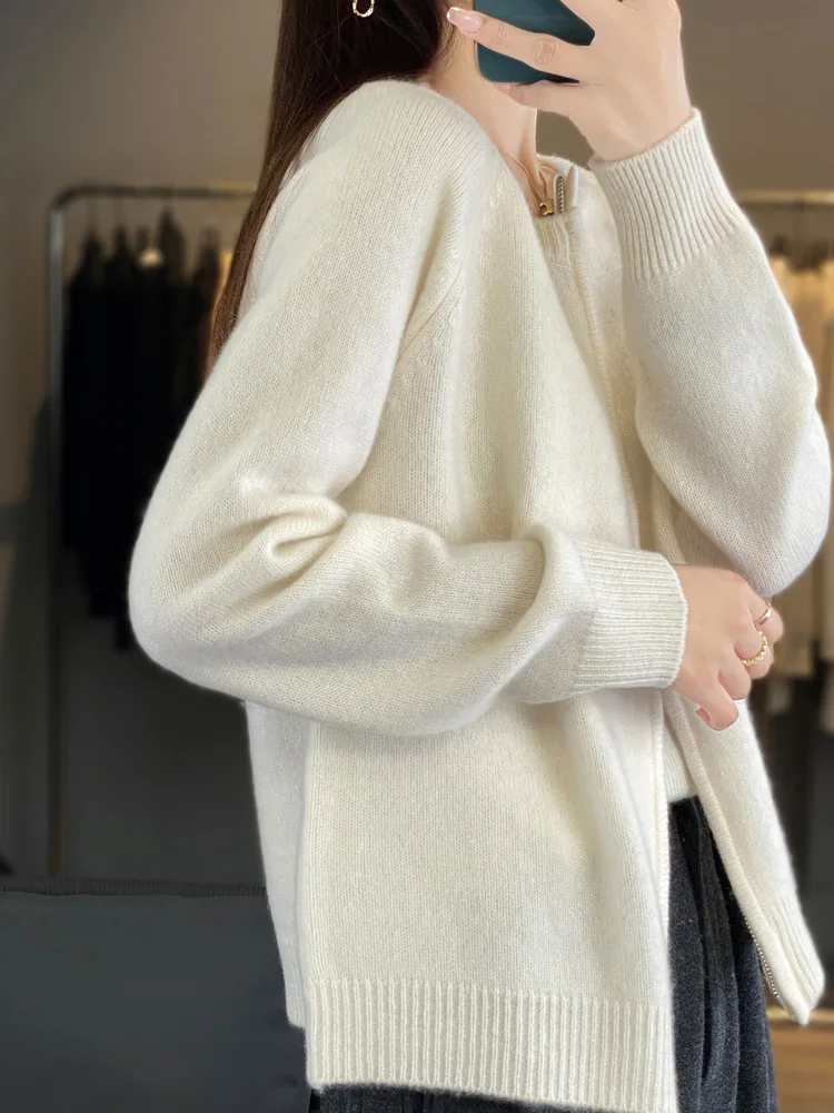 Women O-neck Zippers 100% Merino Wool Cardigan Cashmere Sweater Autumn Winter Knitwear Basic Casual Business Knitwear Tops
