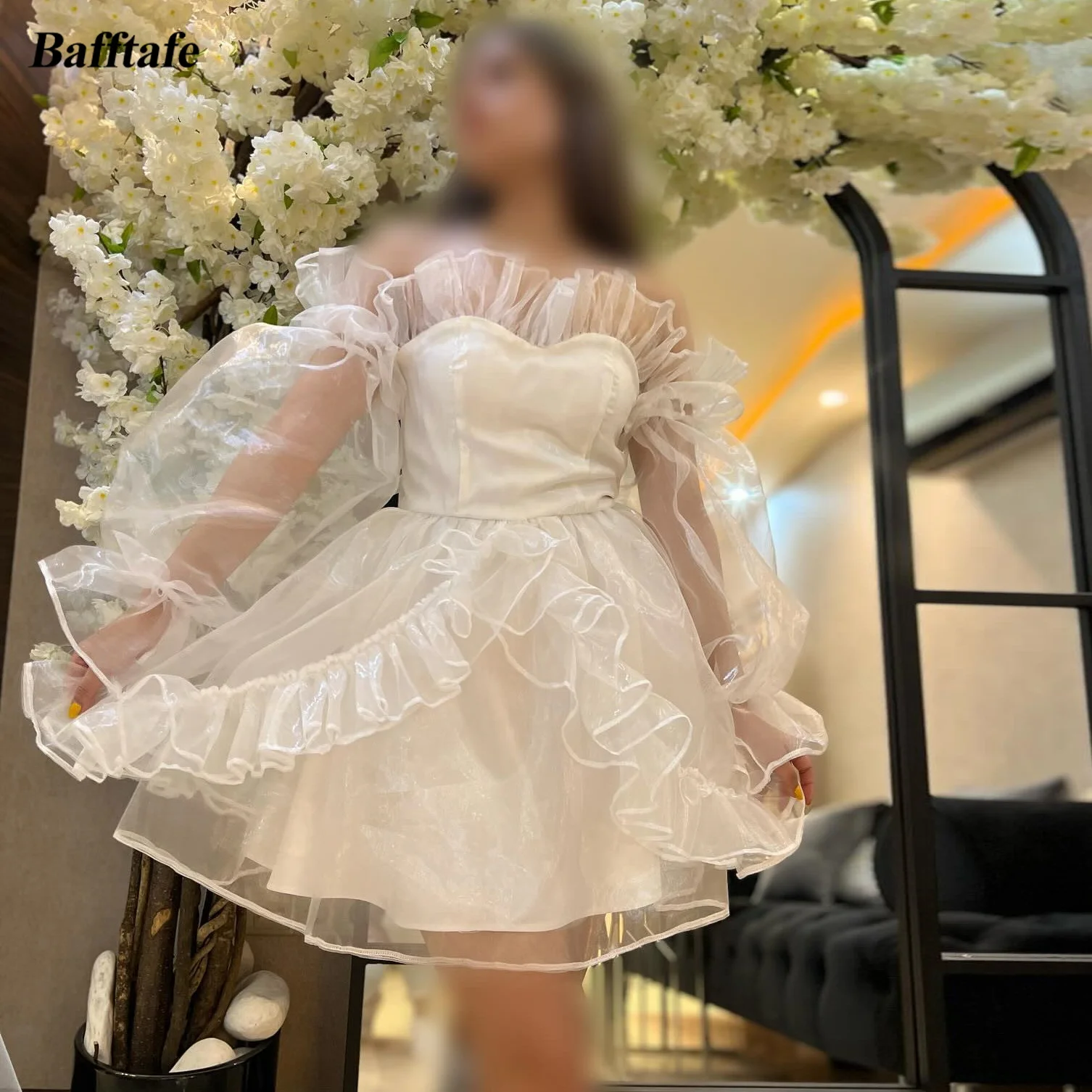 

Bafftafe Ivory Puff Long Sleeves Mini Prom Dresses Off The Shoulder Ruffles Formal Occasion Cocktail Dress Women Homecoming Gown