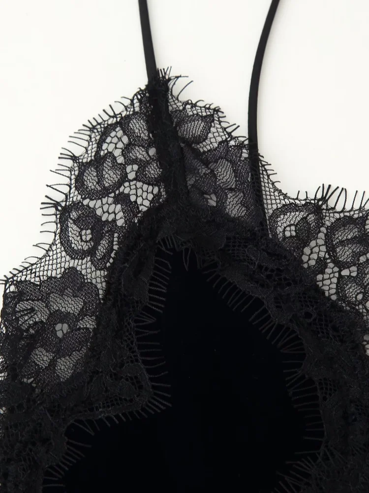 Été col en v sans manches dentelle asymétrique Mini robe licou femmes velours robe à bretelles femme Sexy plage vacances porter 2025