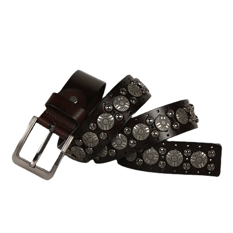 Womens Mens Genuine Cow Leather Bling Round Rivet Studded Belt Girls Luxury Ceinture Rivet Cowgirl Cowboy Rapper Punk Belts