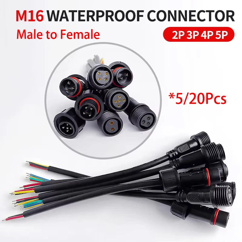 

5/20Pcs M16 Waterproof 2 3 4 5 Pin IP65 Cable Wire Plug for LED Strips Male and Female Jack 22mm nut Connector 20CM OD 6mm