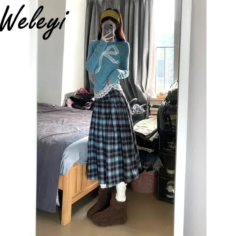 Women's Korean Fashion Skirt Suit 2024 Autumn Sweet Blue Plaid Butterfly Metal A Line Mid Length Cute Skirts Tops Two Piece Sets