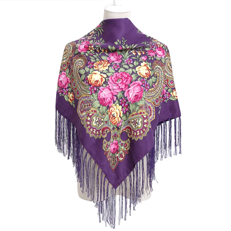 Square Shawl Flower Scarf for Women Large-sized Hijab Retro Printed Tassels Warp Warm Autumn and Winter Cape Bufandas Poncho