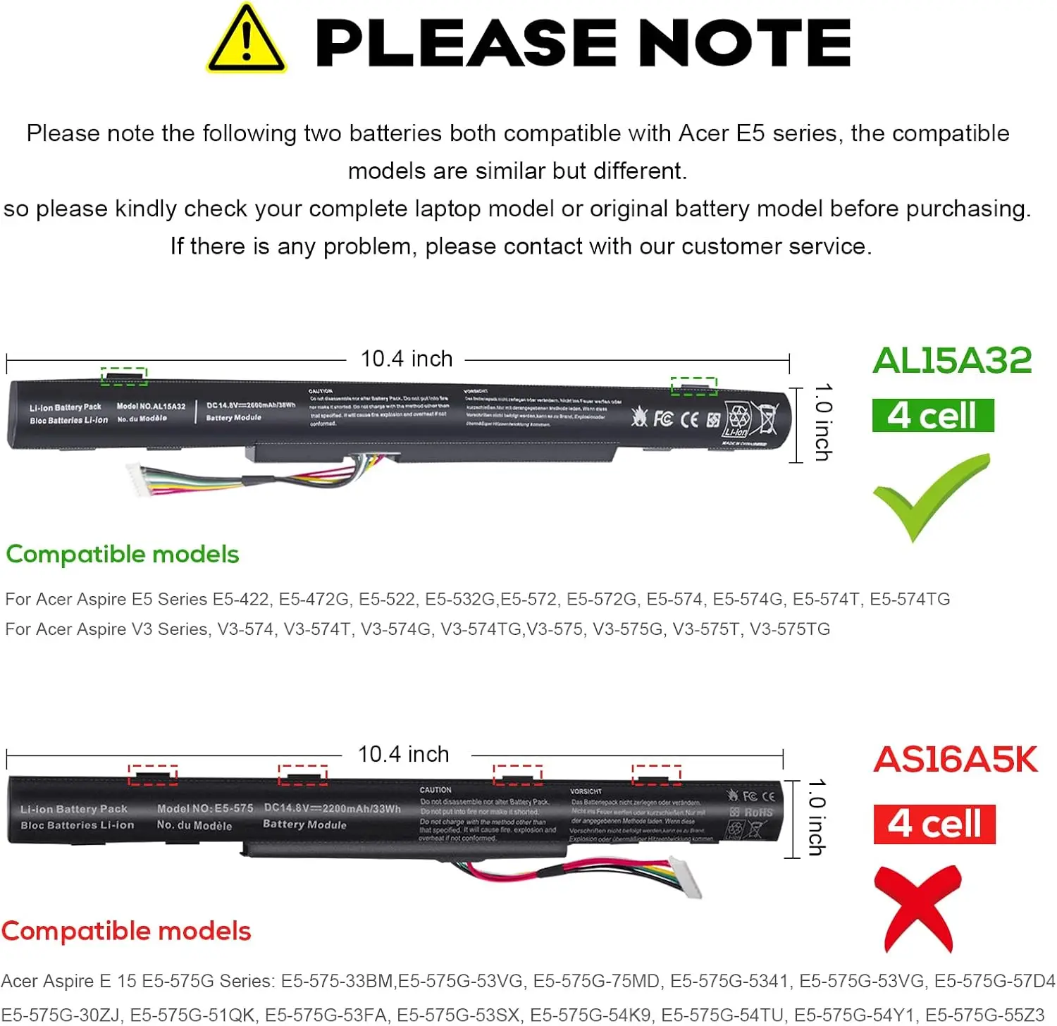 AL15A32 Laptop Battery for Acer Aspire E5-422 E5-573 E5-573G E5-573T E5-522 E722 E5-473G-561X - 14.8V 37Wh 2500mAh