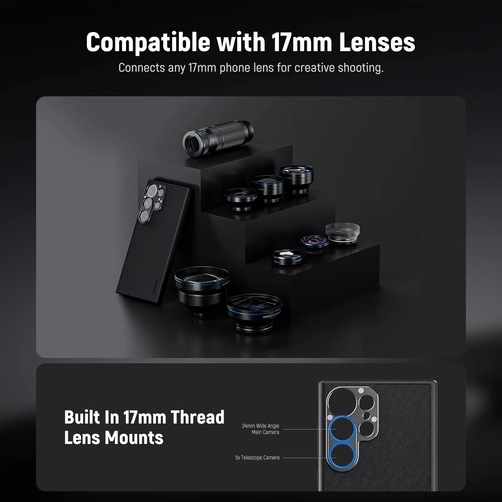 NEEWER S25 Ultra حافظة واقية من الجلد الصناعي حافظة هاتف 17 ملم عدسة يتصاعد ومحول مرشح 67 ملم لهاتف سامسونج جالاكسي S25 Ultra