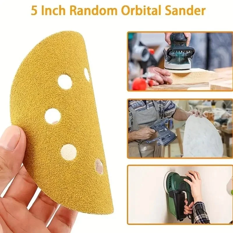 10/50/100PCS Yellow Sandpaper with 8 Holes Hook Loop Sandpaper 60-800 Grits 5Inch Sanding Disc Abrasive Tools