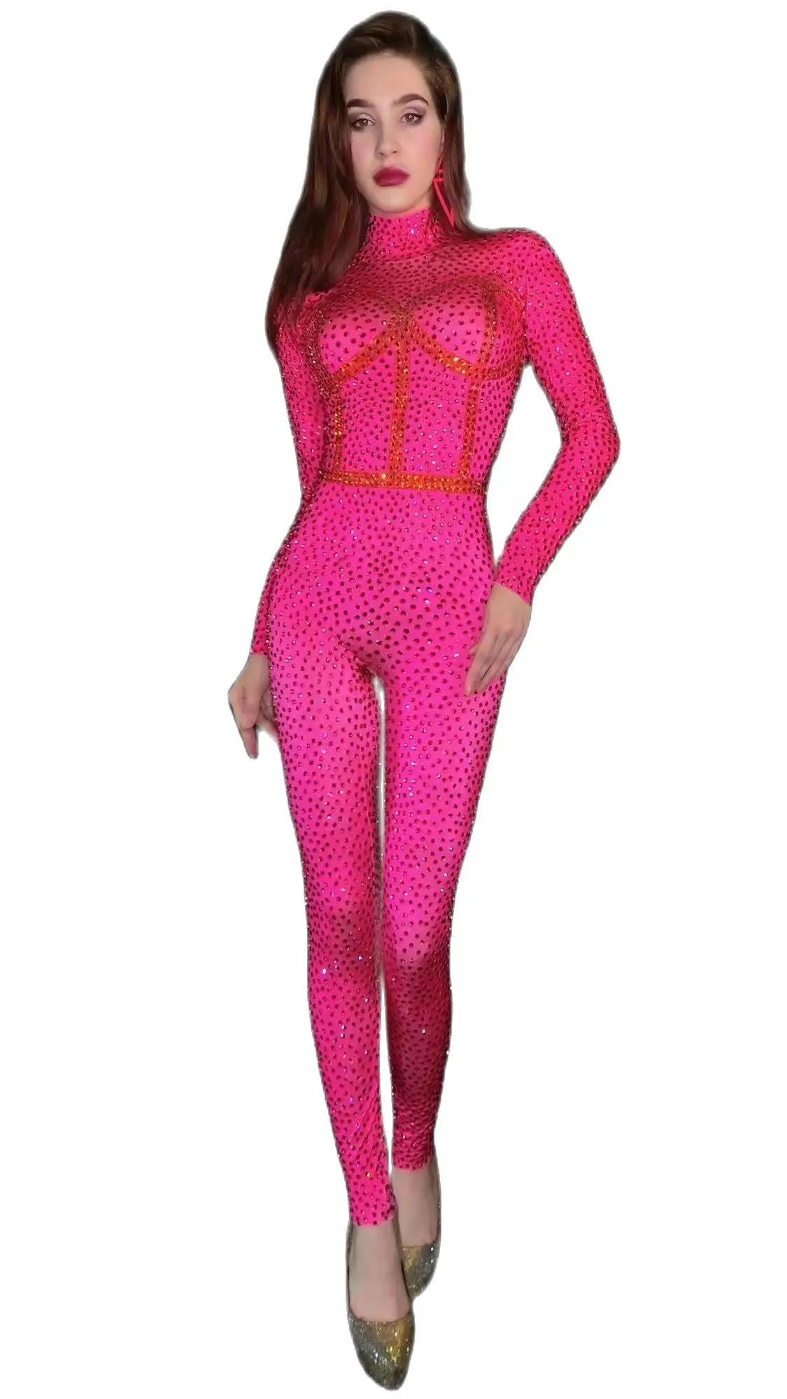 

ShinyWomenPinkRhinestoneJumpsuitSexyStretchSpandexPartyRompers NightclubCrystalBodysuitDSDancerLeotardStageWear