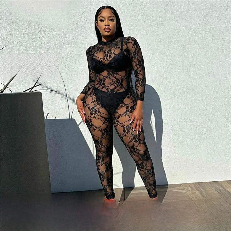 

Sexy Lace See-tough Women's Jumpsuit Mid-waist Straight-leg Long-pants Comfortable Breathable Spring Faion Commute