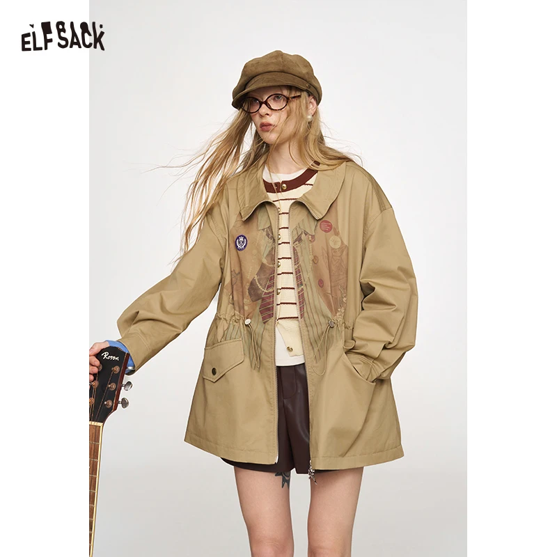 ELFSACK Women's A-Line Trench Coat with Fake Layered Graphic Print, Drawstring Waist Outerwear for Casual Daily Wear