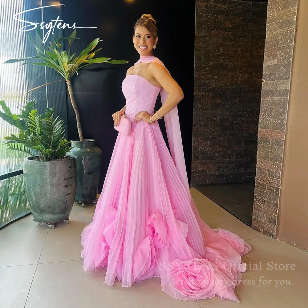 

SSYTENS Pink A Line Special Occasion Party Dresses 3D Flowers Pleat Long Strapless Evening Dresses Customized Vestidos De Fiesta