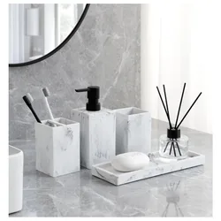 Bathroom Accessories Vanity Countertop Accessory Set Marble Look Lotion Dispenser Tumbler Toothbrush Holder Tray