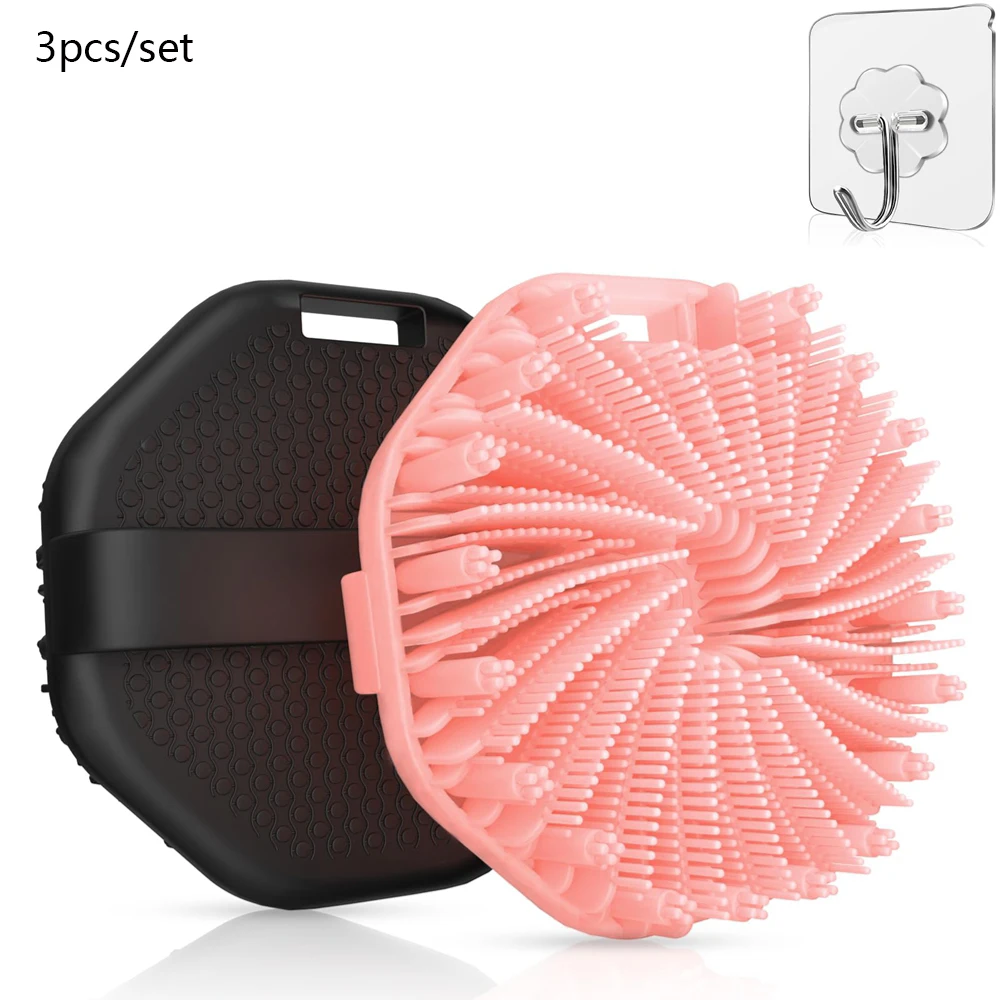 منظف الجسم من السيليكون مكون من 3 قطع من اللوف المضاد للبكتيريا، مقشر حمام للرجال والنساء أدوات استحمام باللون الأسود والوردي مع خطاف #1