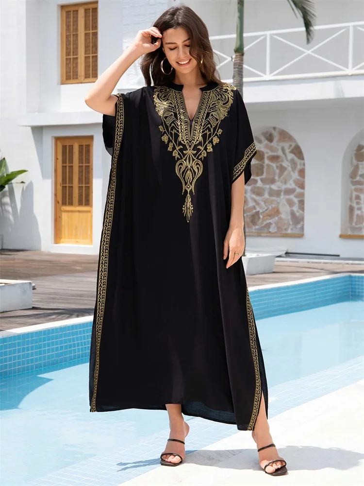 2024 Damska sukienka plażowa Plus Size V Neck Black Kaftan Floral Embroidered Dress Holiday Beach Swimwear Cover Up Turkish Robe Q1735