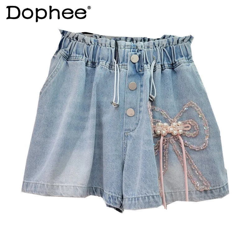 Heavy Industry Beads Diamond Pink Bow Shorts for Women 2024 Summer New High Waist Slimming Sexy Girl Wide-Leg Denim Shorts