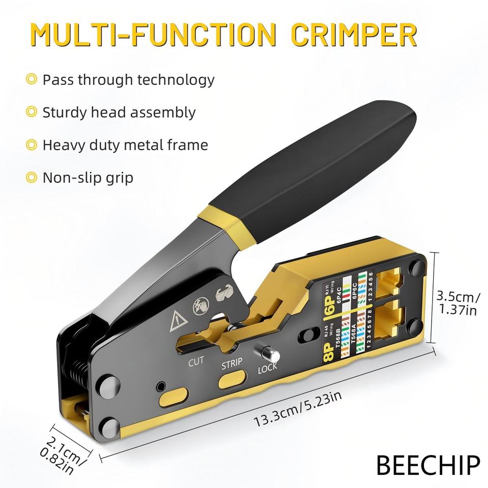  BEECHIP RJ45 Crimp Tool Pass Through Ethernet Crimping Tool for Cat6 Cat5 Cat5e RJ45 Connectors with Replacement Blade 