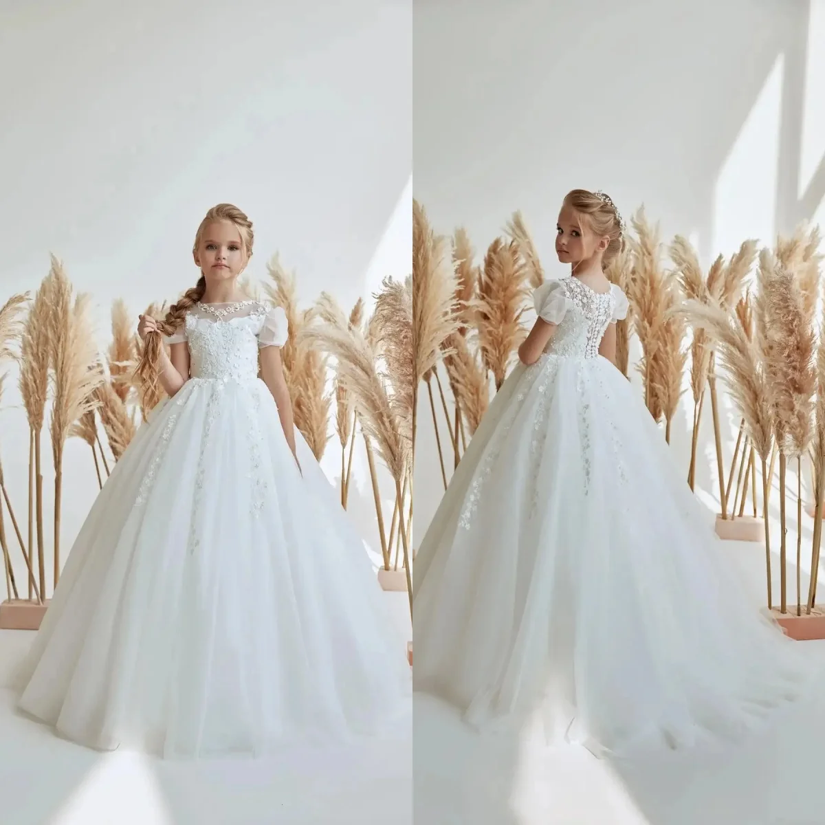 فساتين بيضاء لفتاة الزهور برقبة دائرية لحفلات الزفاف، فساتين طويلة مزينة بالدانتيل لالتقاط الصور، فساتين التواصل الأول حسب الطلب