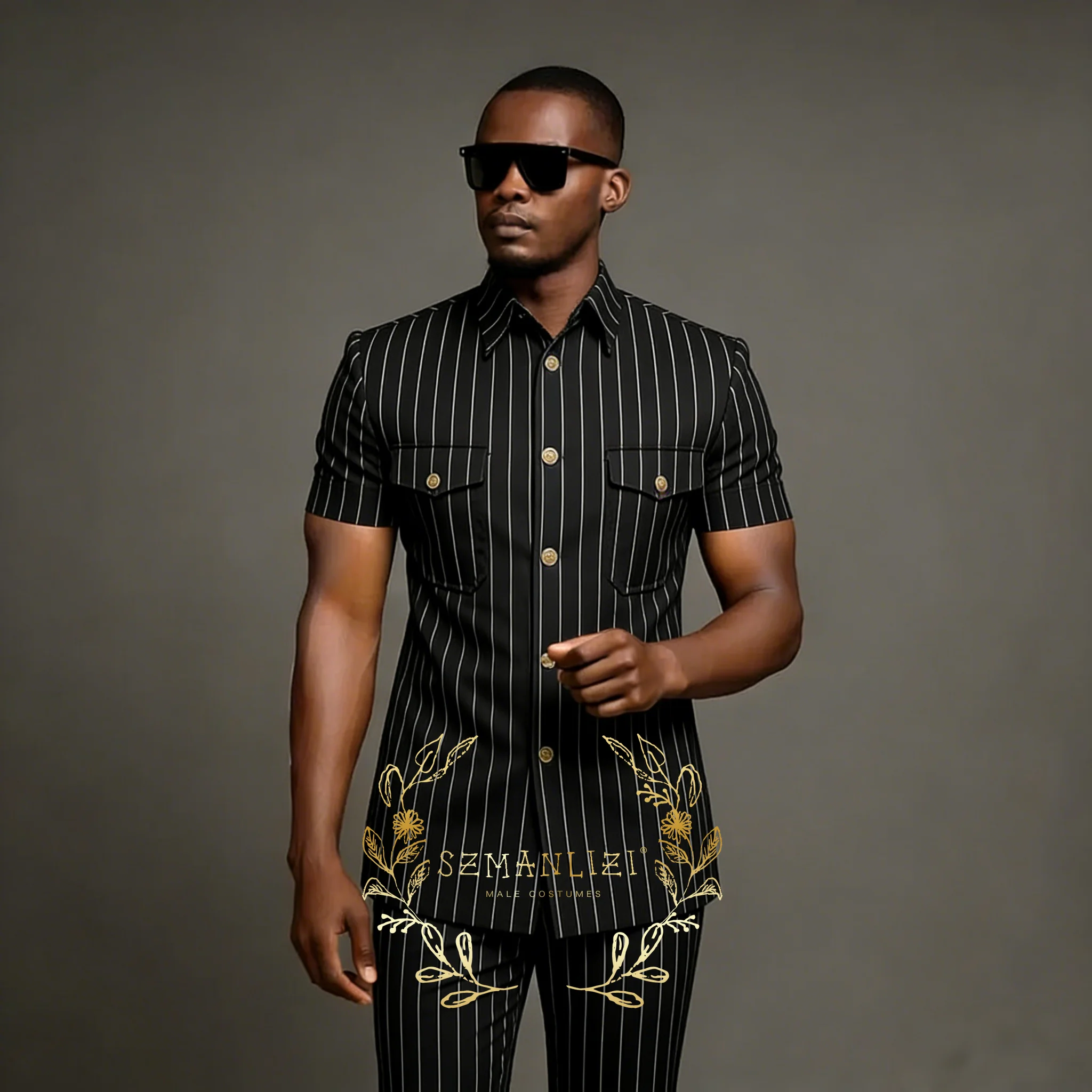 

2026 Slim Fit Men Suits Blazer Black Striped Stand Lapel Short Sleeves Formal Wedding Party 2 Piece Jacket Pants Outfits Costume