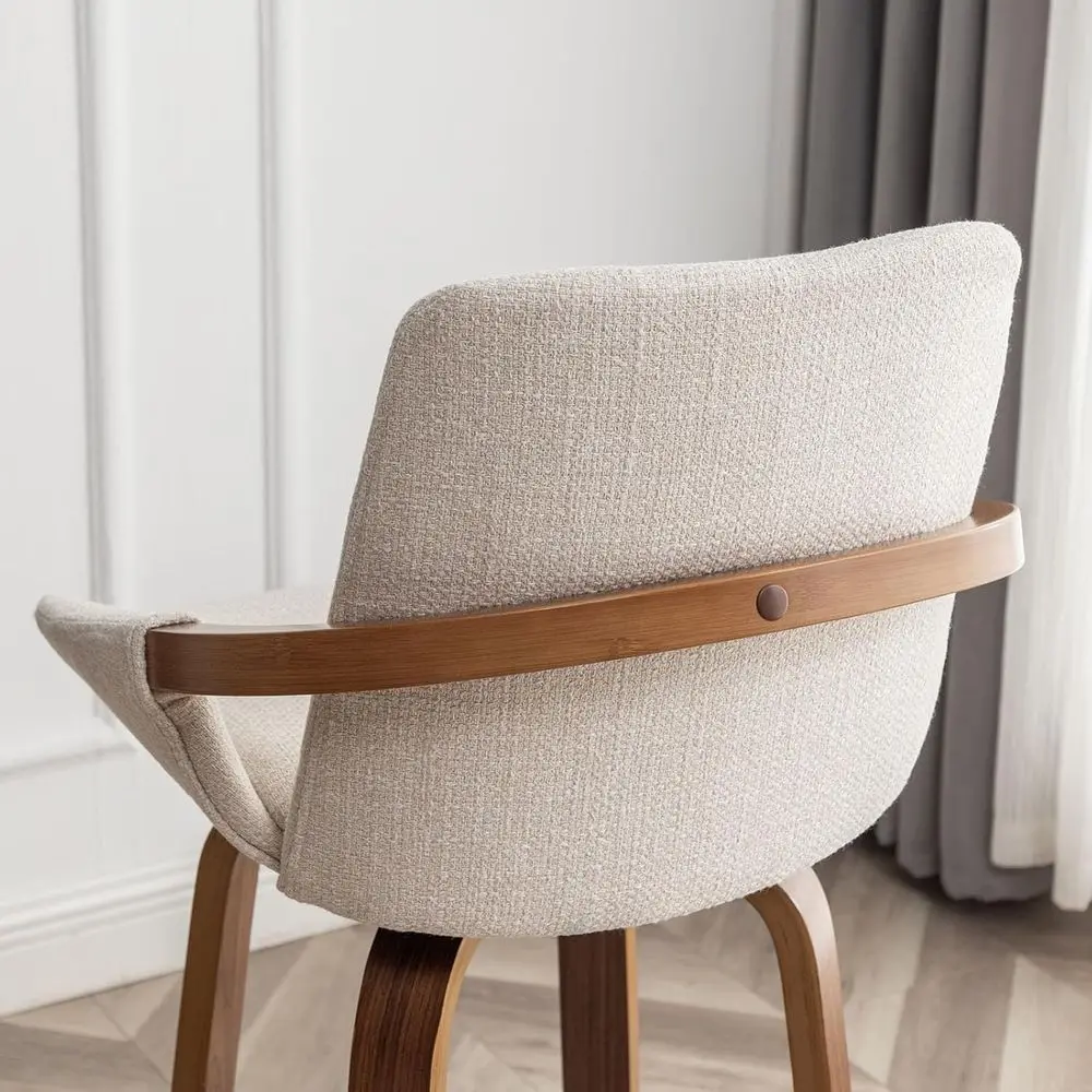 カウンターハイトバースツール2脚セット ミッドセンチュリーモダン レトロバーチェア チャコールベージュ リネン風ファブリック張り ウォールナット材