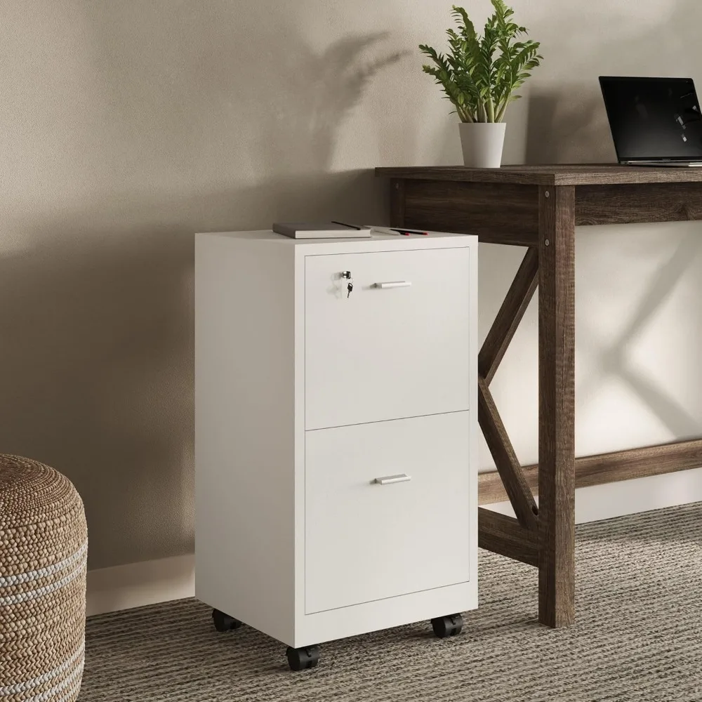 2-Drawer Rolling File Cabinet with Lock - Deep Storage for Home Office Desk Organization (White)