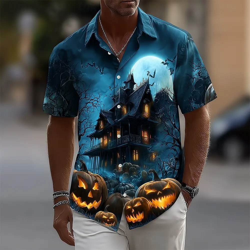 Halloween Herren Halloween Castle Themed Shirt Button Up Shirt Kurzarm Dark Punk Gothic Style Urlaub Streetwear Sommer