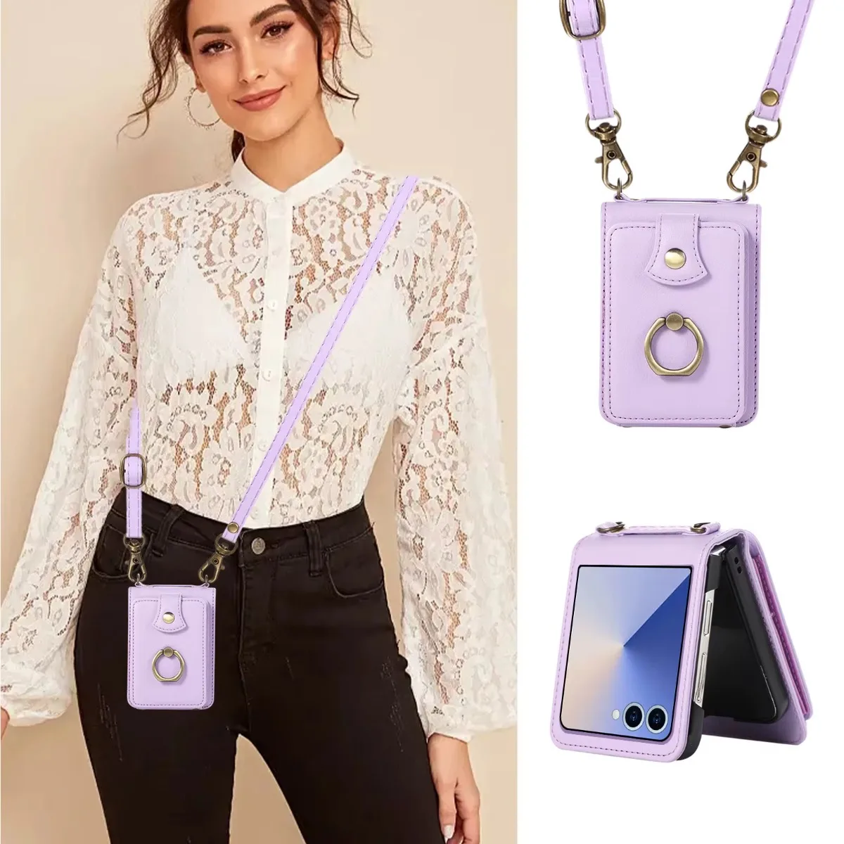 Soporte de anillo cruzado de cuero con ranura para tarjetas, funda de teléfono tipo billetera para Samsung Galaxy Z Flip 7 6 5 4 3 Flip7 FE, cubierta protectora de bisagra