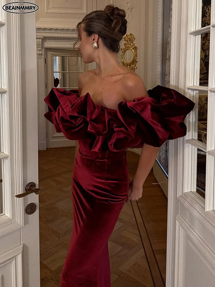 Red Velvet Ruffles Spliced High Wasit Long Dress Fashion Women Bodycon Off Shoulder Vestidos 2025 Lady Elegant Chic Party Gowns