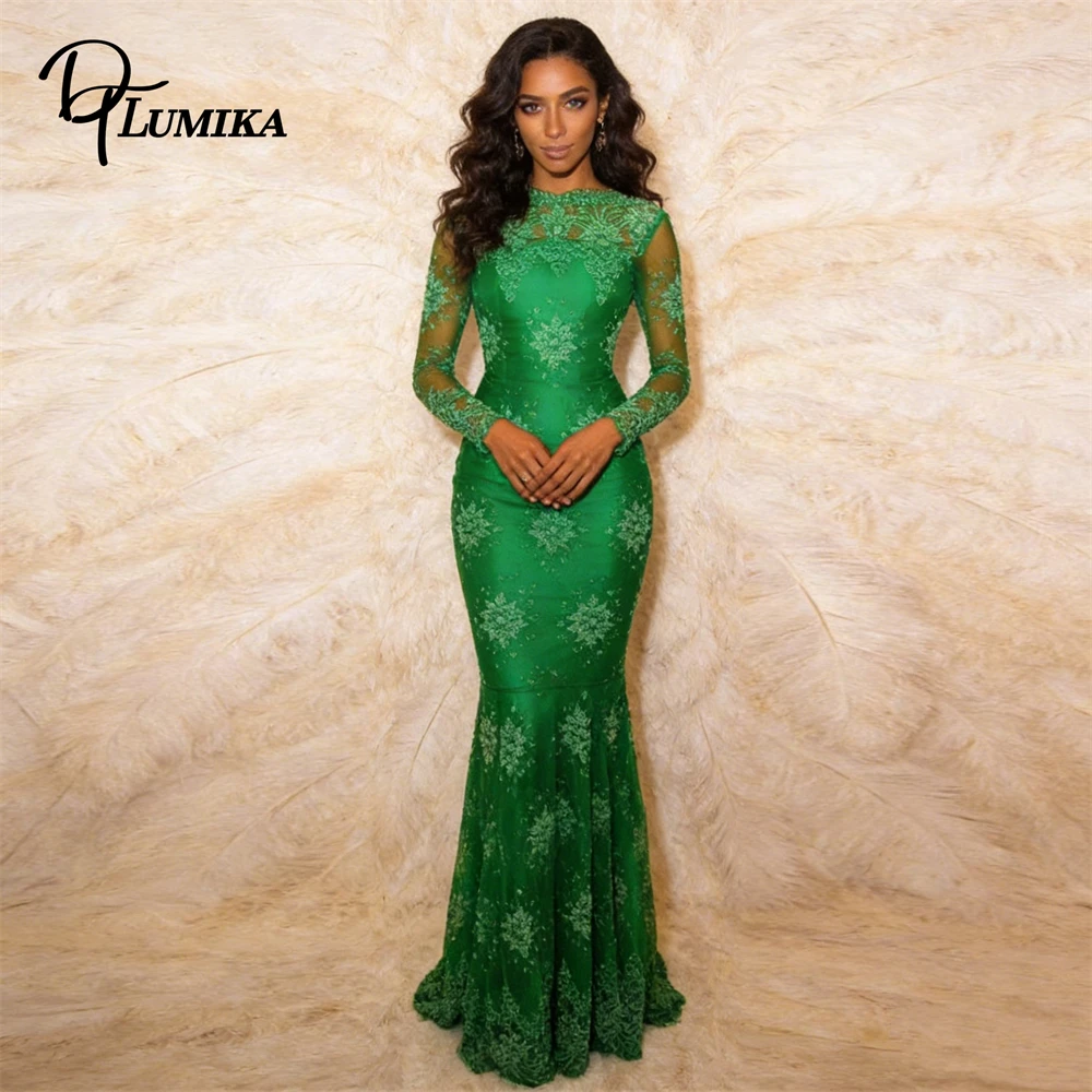Women Emerald Green Lace Mermaid Maxi Dress Long Sheer Sleeve Formal Club Party Trendy Chic Eye-Catching Evening Outfit